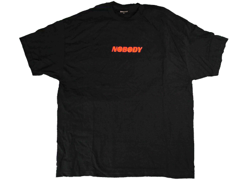 nobody tee // navy and orange logo